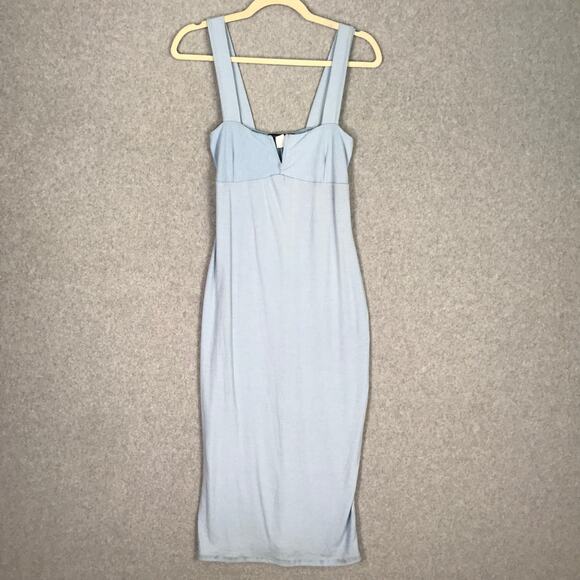 Caution To The Wind Dress Womens Large Blue Ribbed Bodycon V Notch Pencil Preppy - Picture 1 of 10